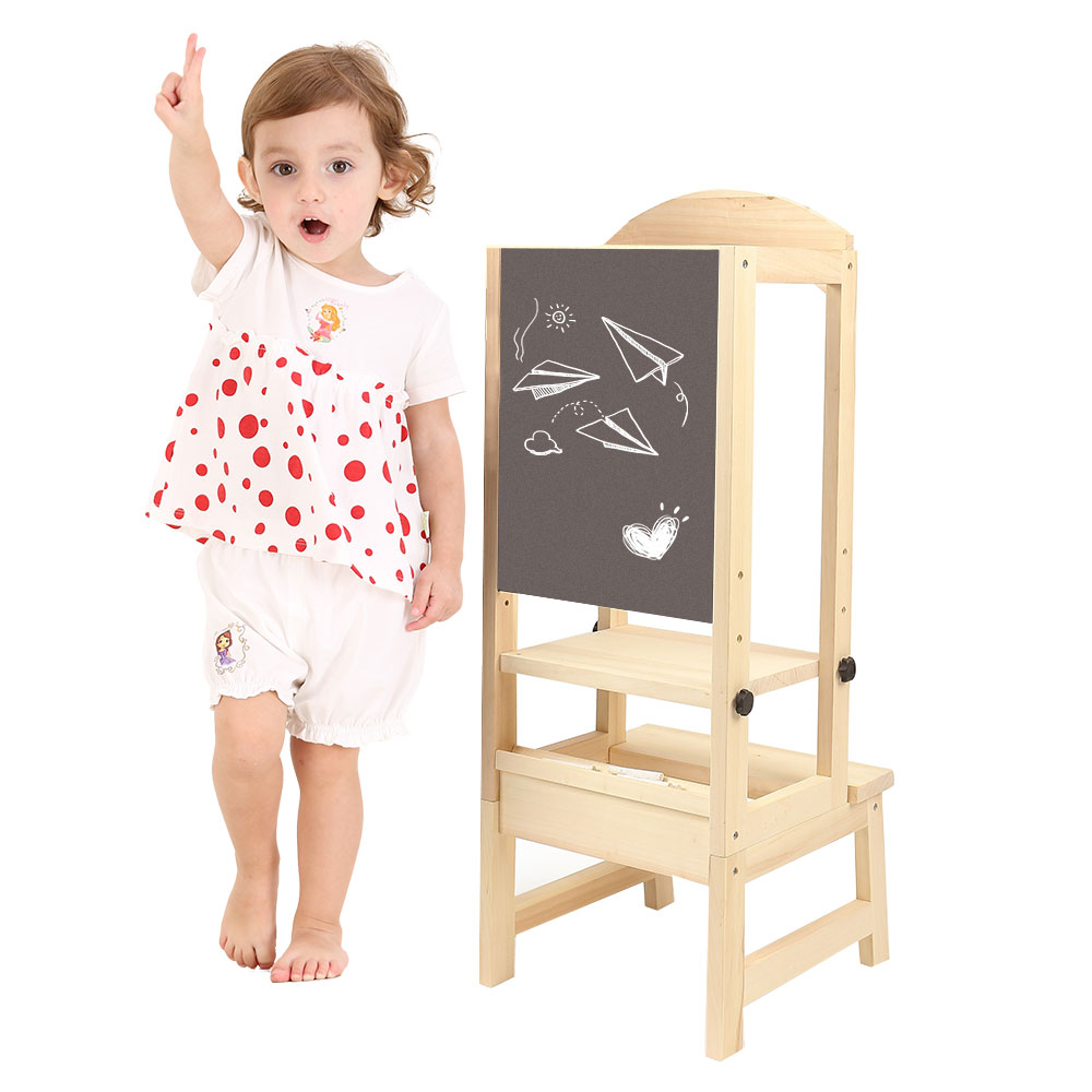 Wooden Kids Step Up Kitchen Helper with Black Drawing Board_1
