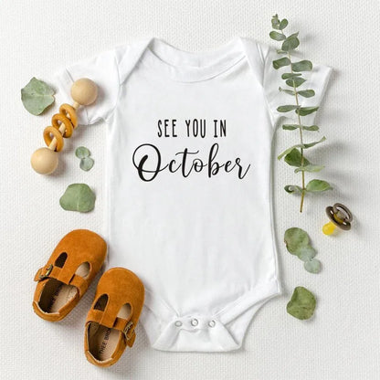 Baby Announcement See You in September Baby Body Pregnancy Reveal Custom Romper Baby Shower Gift 100% Cotton