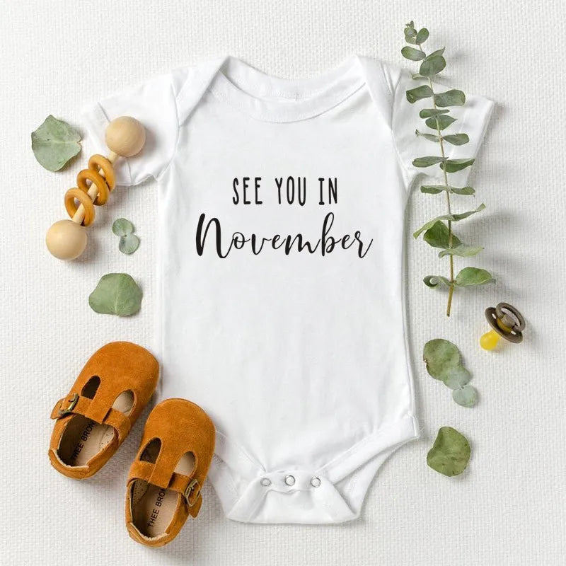 Baby Announcement See You in September Baby Body Pregnancy Reveal Custom Romper Baby Shower Gift 100% Cotton
