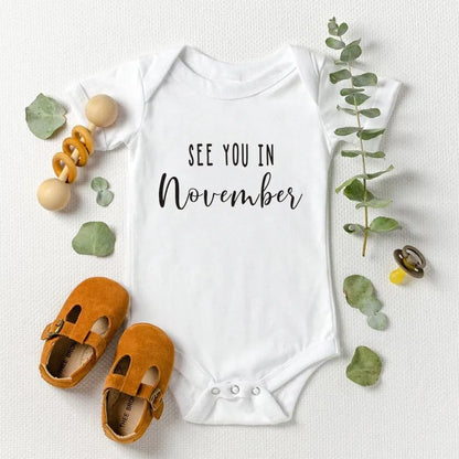 Baby Announcement See You in September Baby Body Pregnancy Reveal Custom Romper Baby Shower Gift 100% Cotton