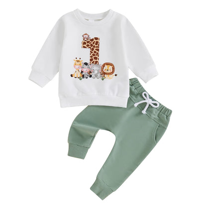 BeQeuewll Toddler Infant Clothes for Kids Fall Suit First Birthday Outfits Animal Print Long Sleeve Sweatshirt Pants Kids Sets