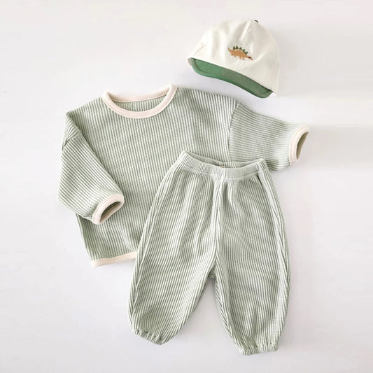 Korean Style Children Clothes Suit Waffle Pullover+Pants Baby Boys Girls Clothing Set Spring Autumn Kids Clothes Suit