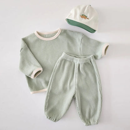 Korean Style Children Clothes Suit Waffle Pullover+Pants Baby Boys Girls Clothing Set Spring Autumn Kids Clothes Suit