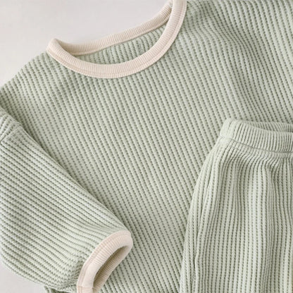 Korean Style Children Clothes Suit Waffle Pullover+Pants Baby Boys Girls Clothing Set Spring Autumn Kids Clothes Suit