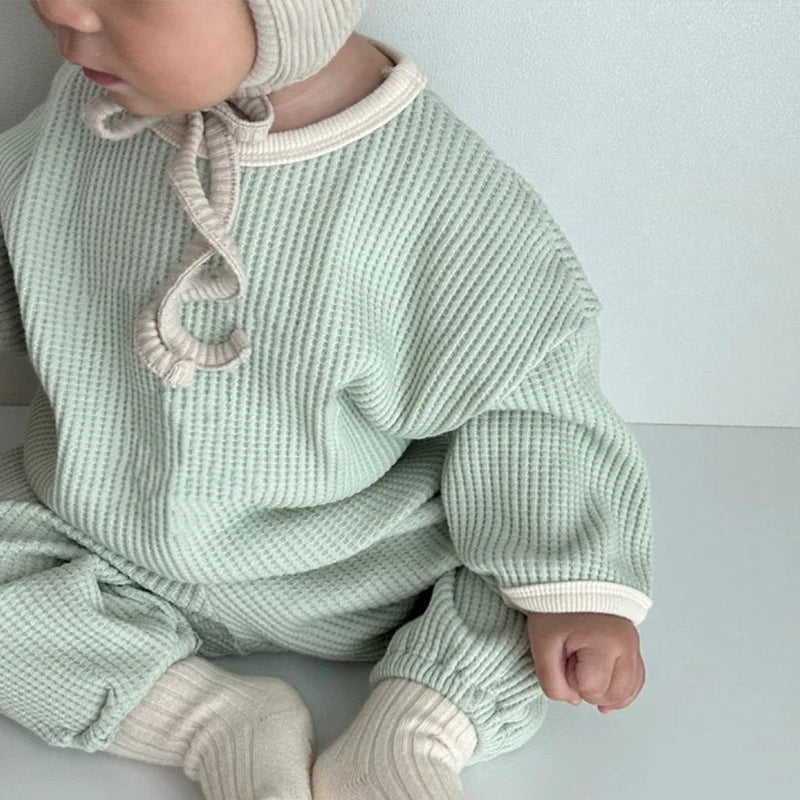 Korean Style Children Clothes Suit Waffle Pullover+Pants Baby Boys Girls Clothing Set Spring Autumn Kids Clothes Suit